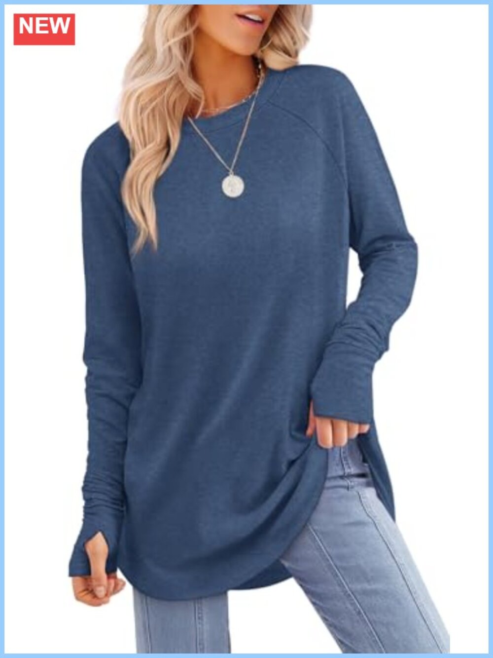 Tunic Top to Wear with Leggings Long Sleeve Thumb Hole Crew Neck Curved Hem